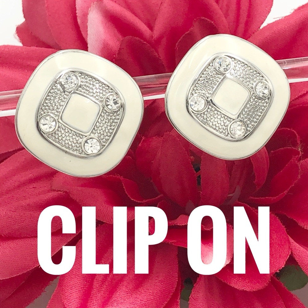White Square Rhinestone Silver Clip On Earrings